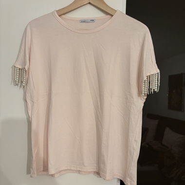 Zara T-Shirt mit Perlenärmeln, Rosa