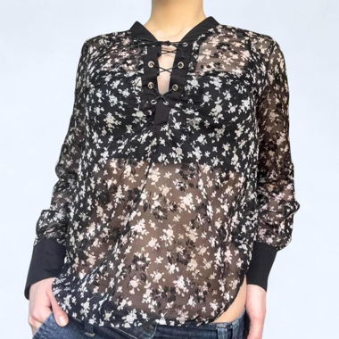 Top Camicetta in Pizzo Trasparente Floreale Vintage con Allacciatura