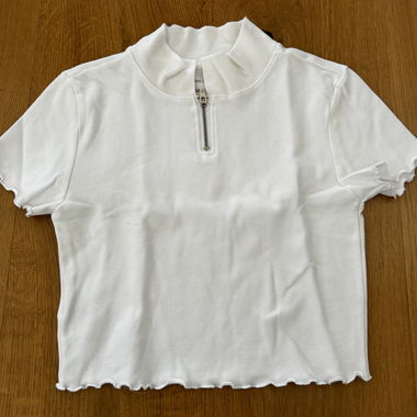 White Ribbed Short-Sleeve Zip Top