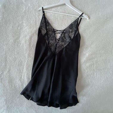 black lace satin slip dress