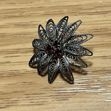Vintage Filigree Flower Brooch with Red Stones