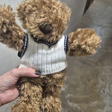 Ourson en peluche brun avec pull blanc
