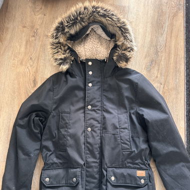 Black winter parka with faux fur hood