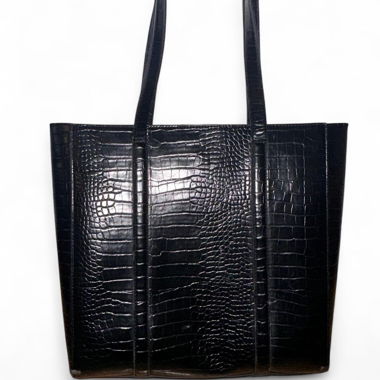 Black faux leather tote bag with crocodile print 