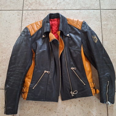 Giacca da moto in pelle nera/arancione