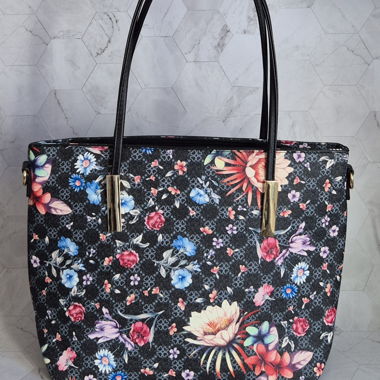 Black handbag with floral pattern