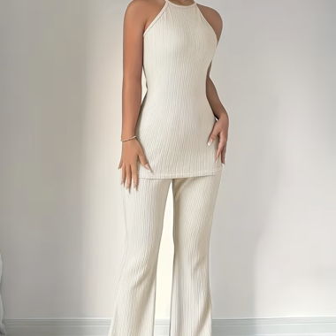 Ensemble en tricot côtelé beige