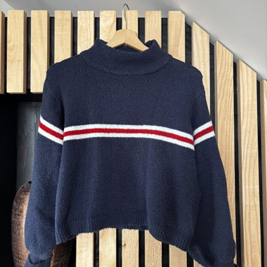 MANGO Strickpullover navy mit Streifen, Gr. S