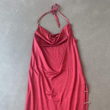 Red silky dress with rhinestone-details