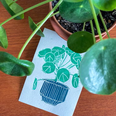 Original lino print- pilea plant