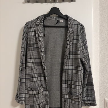 Blazer long à carreaux gris et noir