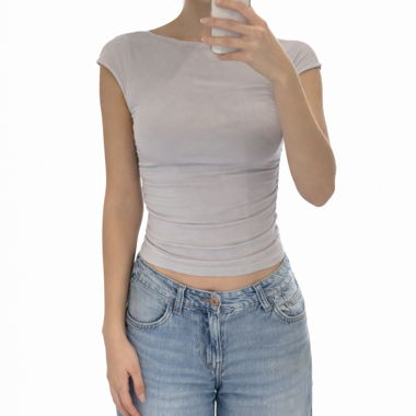 2 ruched short-sleeve tops, beige & light grey