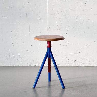 Vintage industrial stool in blue, red & natural wood