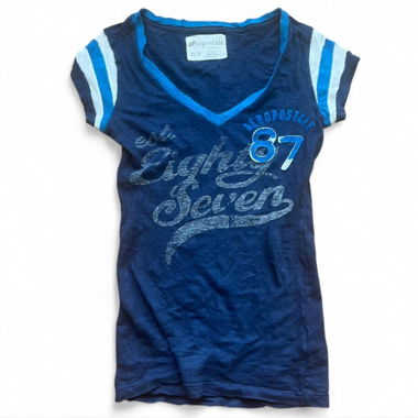 T-shirt à col V style varsity Aeropostale – Bleu marine XS