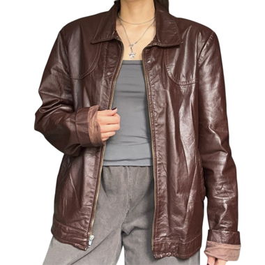 Veste en cuir brun/burgundy vintage oversize
