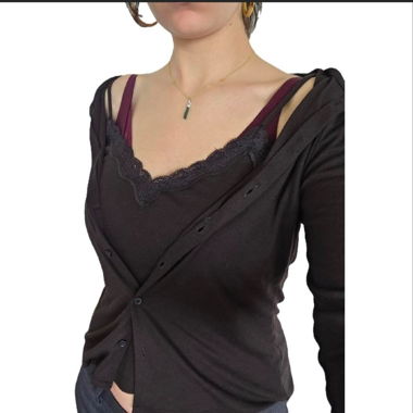 Brown Knit Cardigan with Lace Top