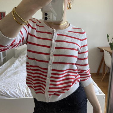Cardigan a righe bianco/rosso con chiusura a bottoni, S