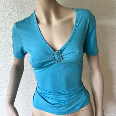 Turquoise Deep V Top with Rhinestone Buckle Detail