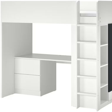  2 lits mezzanine, blanc et gris avec bureau 
