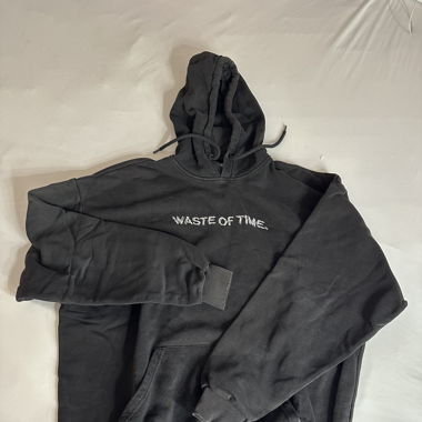 black hoodie with 'waste of time' embroidered