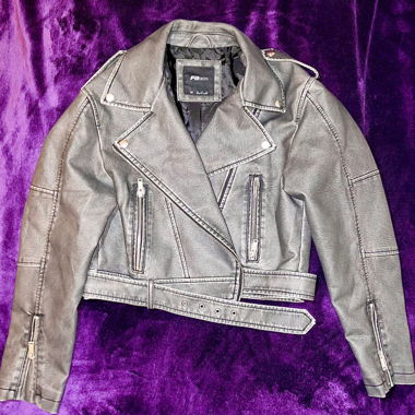 cropped grey leather jacket with buckle detail