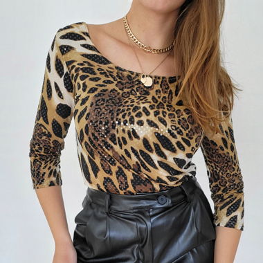Y2K Langarmshirt mit Tiermuster und Funkeln 