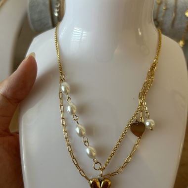 Heart Necklace CHAINED Pearls - 18k gold plated