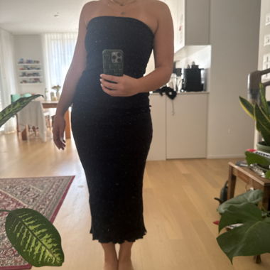 Black strapless maxi dress with slit in the back