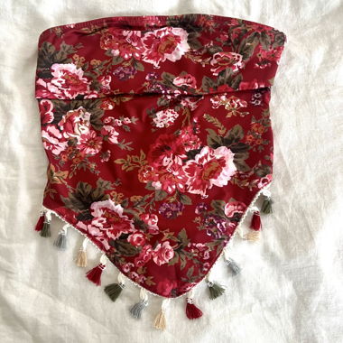 Red Floral Handkerchief Scarf Top with Tassels