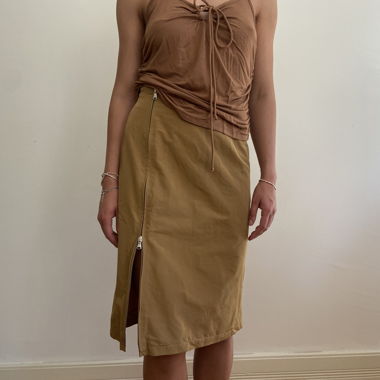 Gonna midi vintage color senape con zip laterale