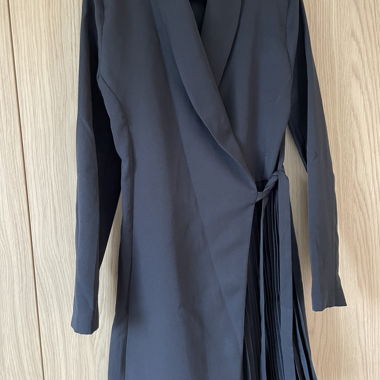 Black Blazer Wrap Dress with Pleated Skirt