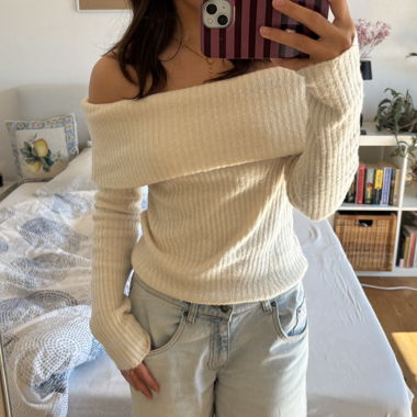 Off-shoulder ribbed cream sweater
