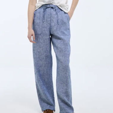 Pantalon Monoprix droit en lin uni bleu ciel L-XL