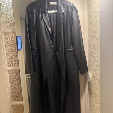 Long black faux leather coat