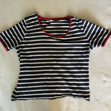 navy and white stripped shirt