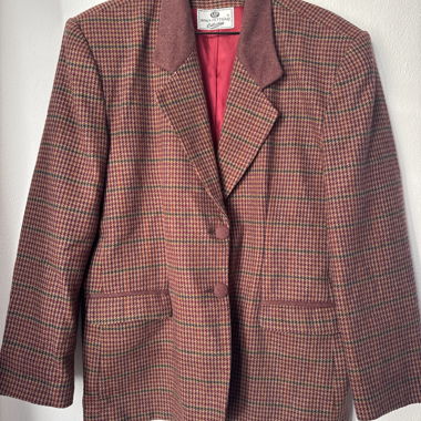 Blazer vintage a quadretti rosso bordeaux e nero
