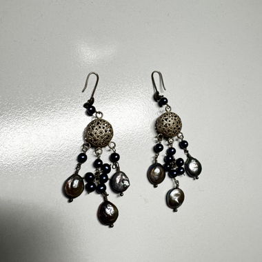 blue colored  pearl chandelier earrings