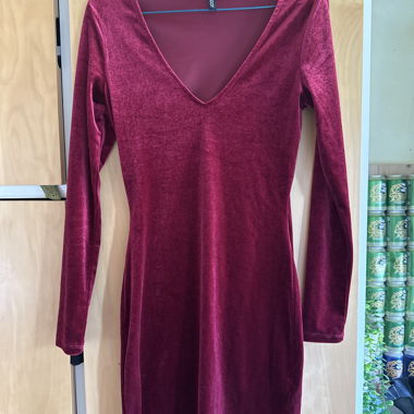 Burgundy Velvet Dress with V-Neck
