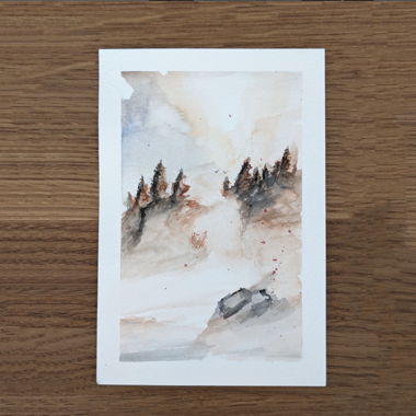 Aquarelle originale – Montagne onirique & forêt