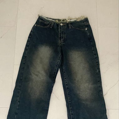 Wide Leg Y2K Jeans with Fringed Waistband – Washed Green