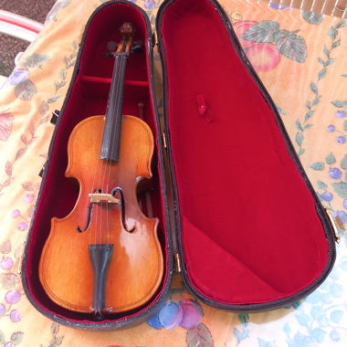 Miniaturvioline mit ihrem gemütlichen roten Köfferchen