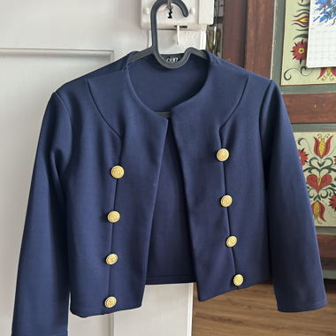 navy blue cropped blazer with gold buttons