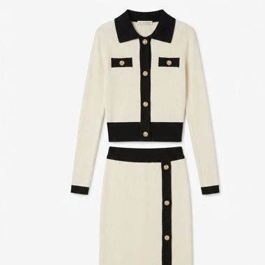 Cremefarbener Strick-Cardigan und Midi-Rock Set