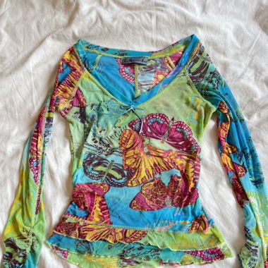 Y2K Vintage Butterfly Mesh Longsleeve Top