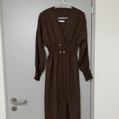 Brown Midi Dress with Puff Sleeves