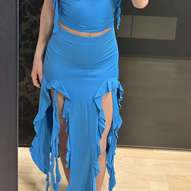 Blue Ruffle Set with Crop Top and Skirt