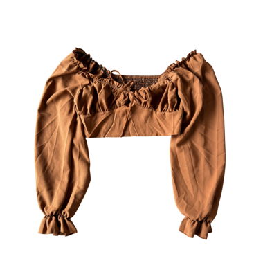 Blusa corta marrone con maniche lunghe a sbuffo