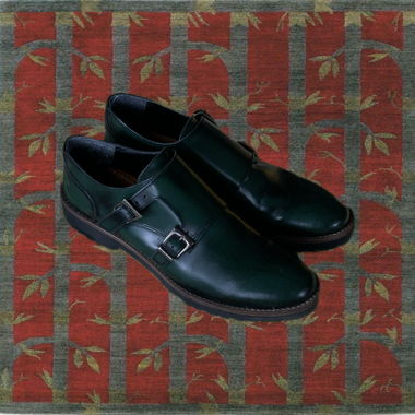 Dark Green Leather Shoes with Double Buckles