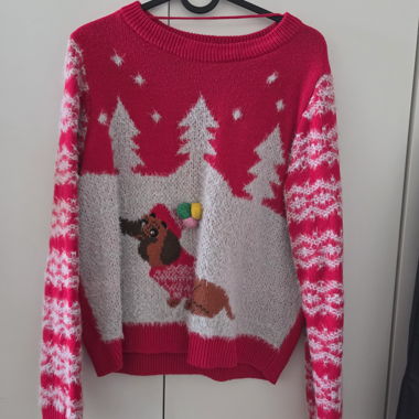 Pull de Noël rouge avec chien et pompon 