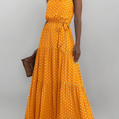 Robe longue jaune-orangé à pois